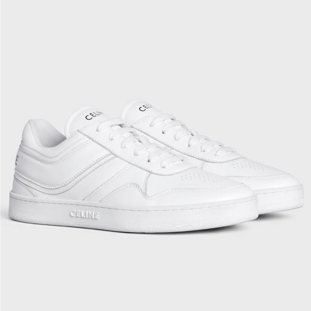 Auth Celine Trainer Low Lace-Up Sneaker In Calfskin Optic White, Size 39
